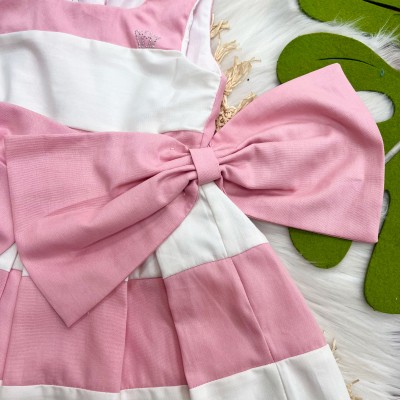 Vestido Tricoline Rosa e Off White com Laços